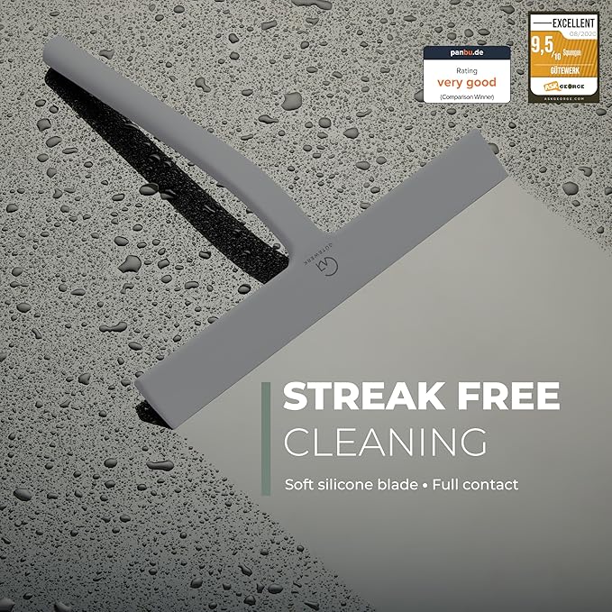 GÜTEWERK Silicone Shower Squeegee for Glass Doors & Mirrors with Stainless Steel Core, Streak-Free & No-Squeak Window Cleaning, 3-in-1 No-Drill Mount (Hook/Suction/Adhesive),Gray, 9 Inches