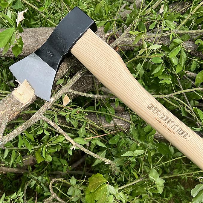 Kings County Tools German-Style Italian Tree Felling Axe | 31.25" Long Gently Curved Ash Wooden Handle | Powder Coated Steel Head with 5" Striking Face
