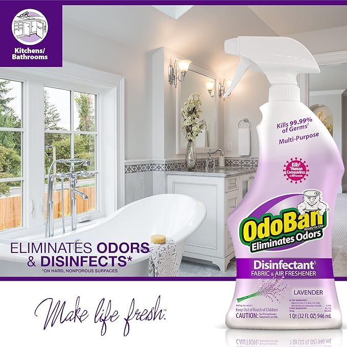 OdoBan Ready-to-Use Disinfectant and Odor Eliminator, Made in the USA, Lavender Scent, Set of 2, 32 oz Spray and 1 Gallon Concentrate