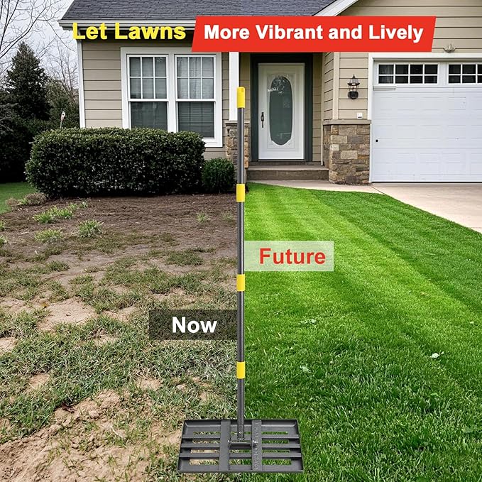 Lawn Leveling Rake - Heavy Duty 17"x10" Stainless Steel Leveler Plate,Reinforced Welds,28-60" Adjustable, Anti Flipping Smooth Edge,for Soil, Dirt,Ground,Backyard Top Dressing,Landscaping