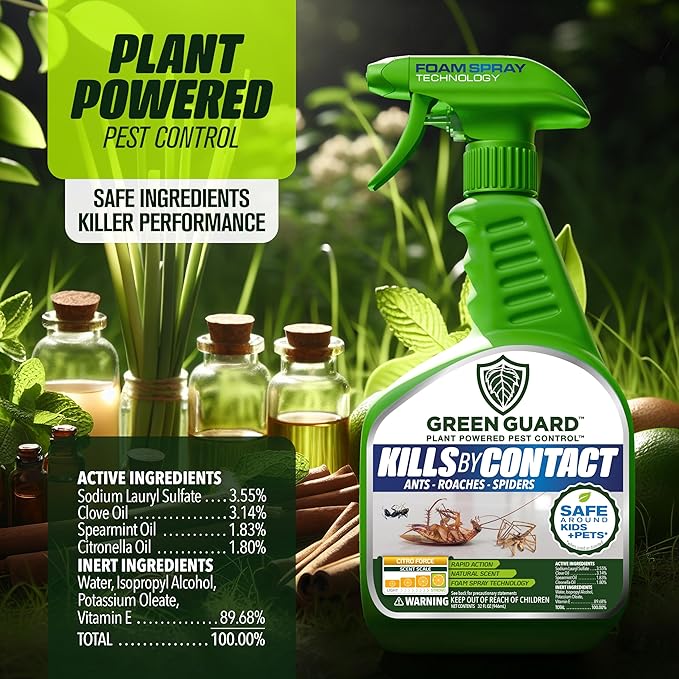 Green Guard Pest Control Spray - Indoor & Outdoor Killer of Ants, Roaches, Spiders & Other Crawling Insects, Safe Around Children & Pets, Plant-Based, Pleasant Scent (Citro Force, 16oz)