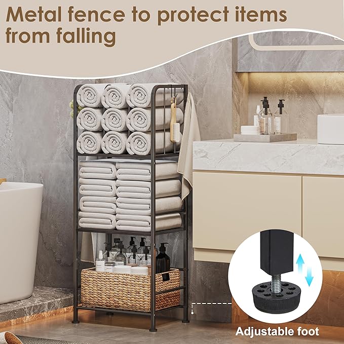 Towel Racks for Bathroom 3-Tier, Durable Metal Towel Rack Stand, Pool Items Holder, M-Shaped Detachable Dividers for Towel Storage, Space-Saving Storage Organizer Black, Patent Pending