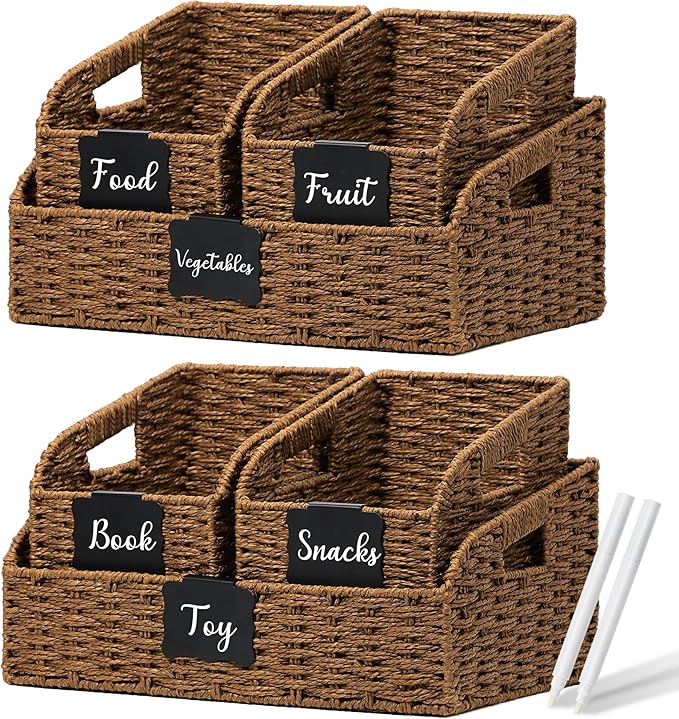 Wicker Baskets for Organizing,Pantry, Kitchen Counter with Handles, Handwoven Woven Storage Baskets for Fruit, Bread, Vegetable, Paper Storage Bins for Shelves, 3 Pack, Brown 2 Set