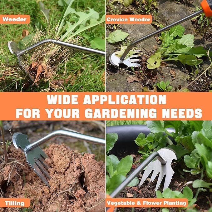 Weed Puller Tool, Portable Weed Remover Tool, 2024 New 4-Claw Steel Weeder Tool with Hang Hole, Manual Weeding Tool Gardening for Yard, Vegetable Gardens, Farms (Non-Slip Rubber Handle)