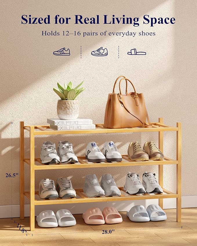 Kitsure Bamboo Wooden Shoe Rack for Closet - Stackable Shoe Organizer with Modular Structure, Space-Saving Shoe Shelf for Entryway, Living Room, Bedroom, 26.8" x 11" x 18.9", Natural
