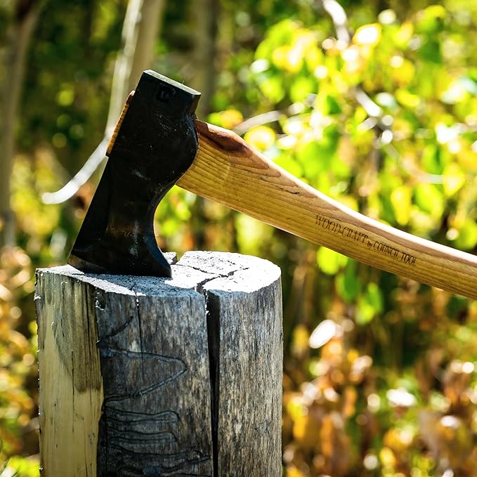 COUNCIL TOOL Wood-Craft Pack Axe - 2 lb Camping Axe, 19" Hickory Handle with Leather Sheath, Made in The USA - WC20PA19C
