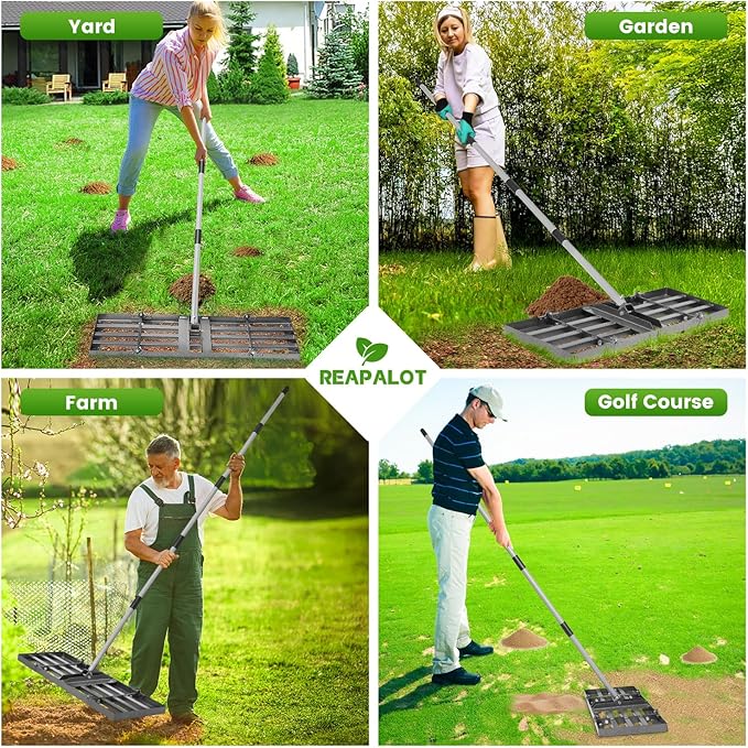 REAPALOT Lawn Leveling Rake, Lawn Leveler with Stainless Steel Long Handle, Heavy Duty Yard Level Tool for Leveling Soil, Sand Or Dirt Surfaces, Gardening Gloves Gift Included (30x10in)