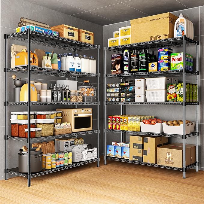 48" W Storage Shelves 1875LBS Metal Shelving, 5-Tier Adjustable Wire Shelving Unit with Liners, Heavy Duty Garage Shelving Steel Rack for Commercial Pantry, 48" W x 18" D x 72" H, Black