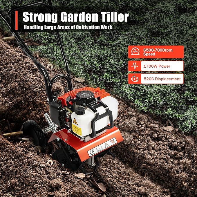 Garden Tiller Cultivator 52CC 2 Stroke Gasoline Powered Land Cultivator Yard Tiller Rototiler for Garden Lawn Digging Weed Removal Soil Cultivation