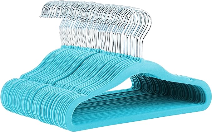 Amazon Basics Kids Velvet, Non-Slip Clothes Hangers for Infant and Toddler, 11.6 inches (for Baby Clothes), Pack of 50, Blue
