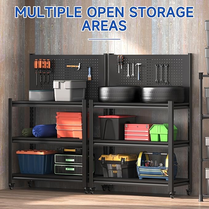 48" Adjustable Workbench with Pegboard,Heavy Duty Steel Work Bench with Lockable Wheels,Metal Rolling Work Table,3-Tier Metal Tool Storage Bench for Garage,Warehouse,Workshop, Home,Basement