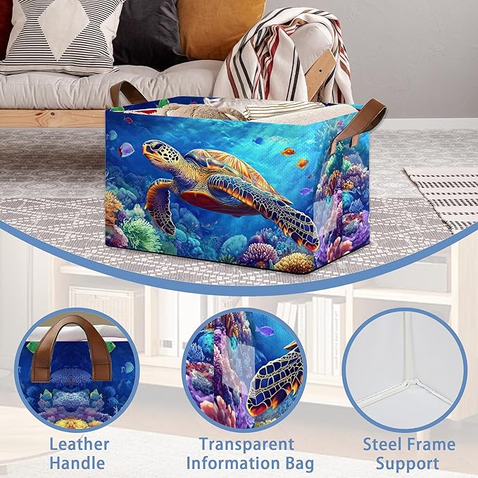 SeaTurtle Storage Basket with Handles,Ocean Coral Collapsible Rectangle Organizer Bin for Room Decoration Books Box Baskets 17x11.5x10Inch