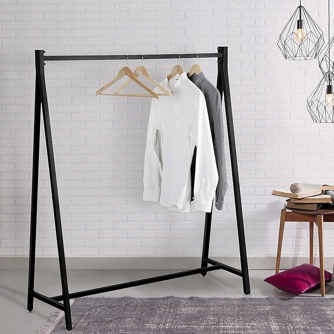 MyGift 47 Inch Modern Black Heavy Duty Metal A-Frame Wardrobe Clothing racks for hanging clothes, Commercial Grade Freestanding percheros para colgar ropa for Bedroom Closet Clothes or Retail Display