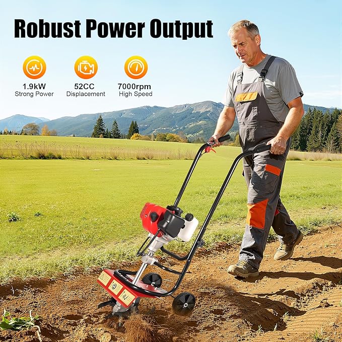 Gas Powered Tiller Cultivator 52cc 2 Stroke Gas Garden Tiller with Hand-Pull Recoil and 1.9KW 6500-7000RPM Gasoline Engine, for Plowing/Tilling/Furrowing