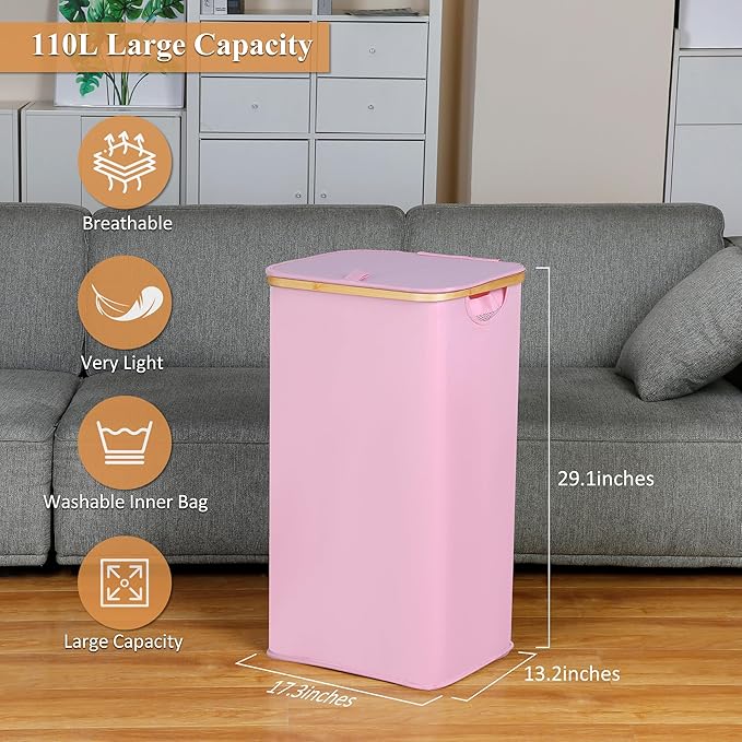 iEGrow Laundry Hamper with Lid, 110L Large Laundry Basket with Handle and Lid, Collapsible Clothes Basket Organizer with Removable Inner Bag for Clothes Toys Towels,Pink