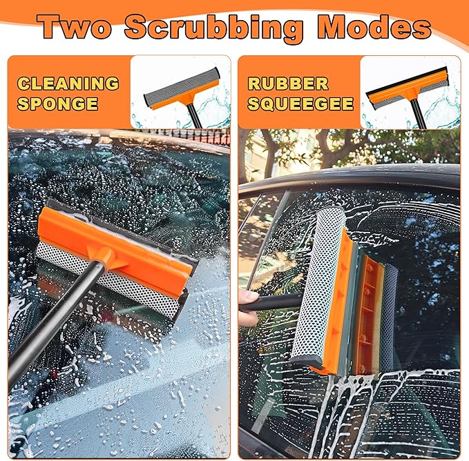JEHONN Window Squeegee for Home Cleaning, 2-in-1 Car Windshield Washer Kit with Extension Pole 54.5 inches, Extendable Shower Glass Cleaner Tool for Mirror Auto Truck (Long & Short Handle Included)