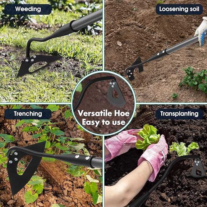 Hoe Garden Tool, 69 Inch Hardened Hollow Eye Hoes for Weeing, Heavy Duty Weeding Tool with Splicing Adjustable Long Handle, Rustproof Metal Gardening Tools for Garden Flower Beds