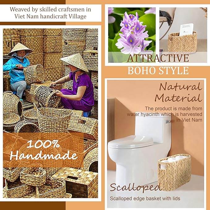 Wicker Toilet Paper Storage Holder with Built-in Handles, Toilet Paper Holder for up to 6 Mega Rolls, Water Hyacinth Toilet Paper Baskets Bathroom Accessories Organizer