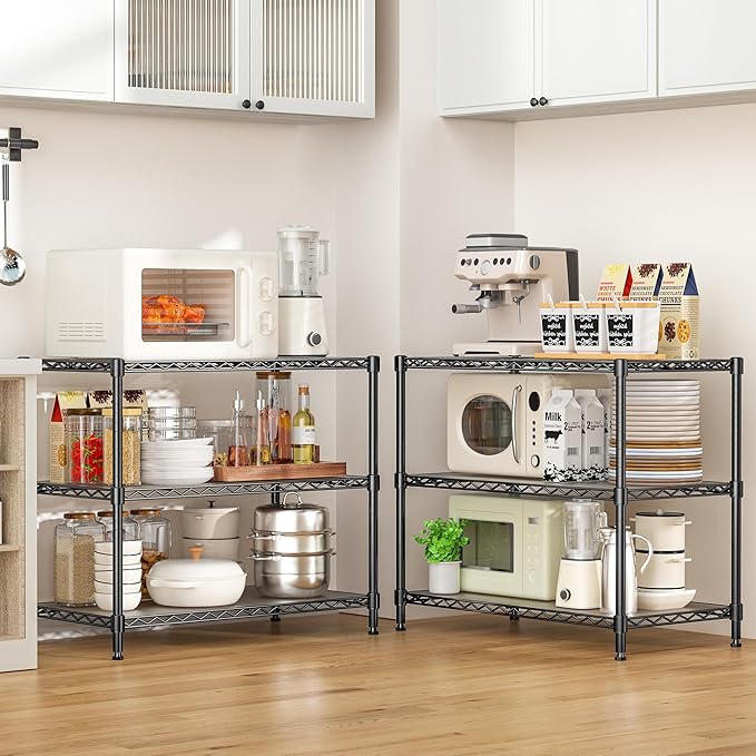 3-Tier Storage Shelves 795LBS Metal Shelving Unit, Adjustable Wire Rack Small Shelf Organizer with Shelf Liners for Kitchen Pantry Office Closet Garage 24" W x 14" D x 30.5" H Black