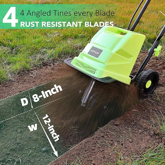 12 Inch Small Electric Corded Garden Tiller Cultivator 15 AMP Power Rototiller for Gardening with Adjustable Wheels