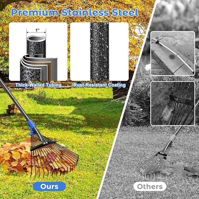 Heavy Duty Garden Leaf Rake-Adjustable Metal Rake with 8-17" Expandable Head,Yard Rakes for Leaves,Grass,Lawns,Shrubs,Flower Beds,Camping,Outdoor Cleanup,Ideal for Women & Kids