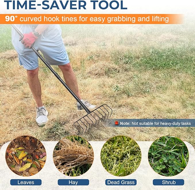 85" Adjustable Rake with 16" Wide Lightweight L-Shaped Head - No-Bend Gardening Tool for Hay, Leaves, and Mulch - Comfortable Metal Rake to Prevent Back Pain