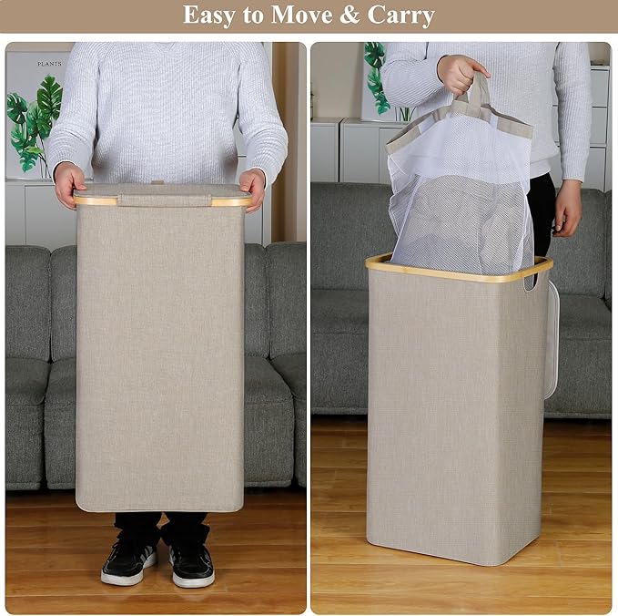 IEGrow Laundry Basket with Lid, Large Laundry Hamper with Handle and Lid, Collapsible Clothes Basket Organizer with Removable Inner Bag for Clothes Toys Towels (Oatmeal, 110L)