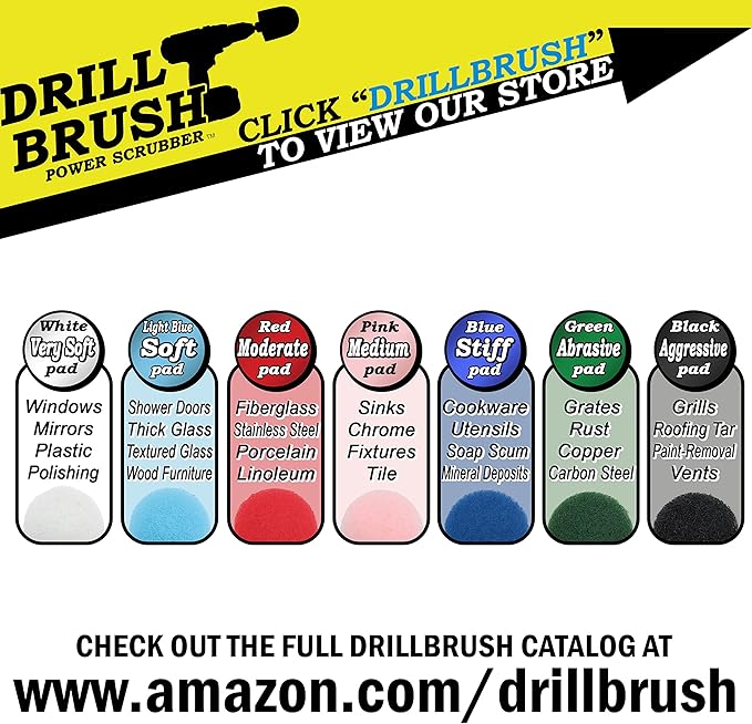 Drill Brush - Cleaning Supplies - Bathroom Accessories - Scrub Pads - Shower Cleaner - Bathtub - Bath Mat – Bathroom Sink - Scrubber - Hard Water Stain Remover - Glass Cleaner - Shower Door Cleaner