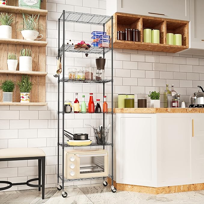 Homdox 6-Tier Storage Shelf Wire Shelving Unit Free Standing Rack Organization with Caster Wheels, Stainless Side Hooks, Black