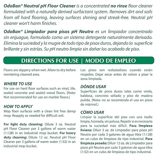 OdoBan Professional Series Neutral pH No Rinse Floor Cleaner Concentrate, Set of 4, 1 Gallon Each