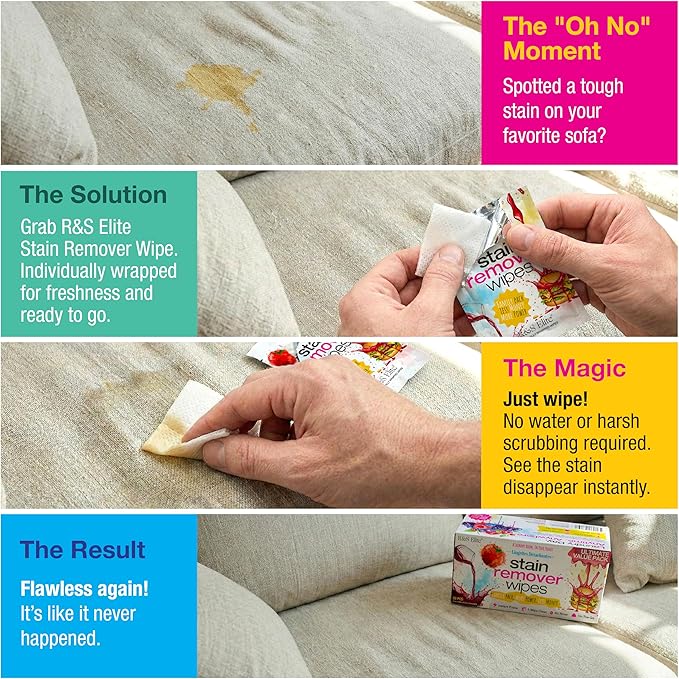 Stain Remover Wipes - 50 PCS Individually Wrapped – Instant Stain Remover for Clothes, Fabric & Jackets – Portable No-Rinse Cleaner for Travel, Purse & Diaper Bag – Removes Grease, Food & More