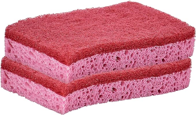 Non-Scratch Cellulose Sponge Kitchen Scrub Sponge with Scouring Pad Set, Good for Non-Stick Cookware Frying Pan, Pot, Counter Top, Sink Scrubbing, Kitchen Scrubbers, Pack of 2, (Red/Pink)
