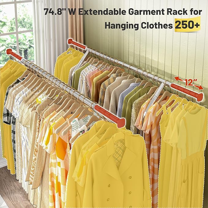 Raybee Heavy Duty Clothes Rack Load 630 LBS, Double Rods Rolling Clothing Rack with 360° Lockable Wheels, Easy Assembly, Portable Adjustable Garment Rack with Shelves for Home & Commercial, Chrome