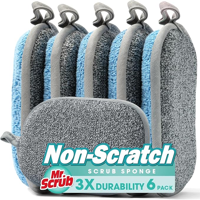 Sponges Kitchen Dish Sponge for Washing Dishes Cleaning Kitchen, All-Purpose, 6 Pack, Non Scratch, Rough Scrubbers Side for Non-Stick Cookware, Soft Microfiber Scrub Side for Dishes, Mr. Scrub