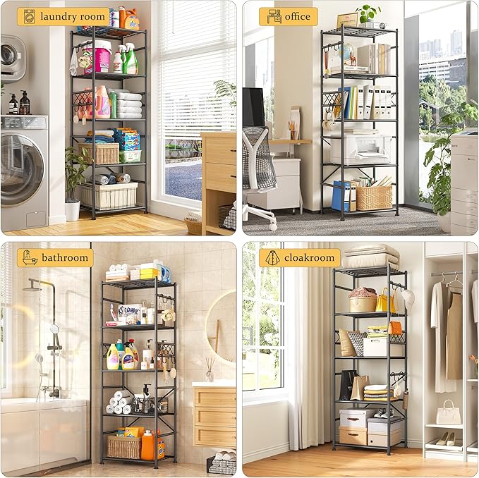 DurayLoly 5-Tier Storage Shelves,Sturdy Metal Shelving Unit with Hooks,Wobble-Free Storage Rack with Leveling Feet,Slim Standing Shelf Organizer for Garage Kitchen Pantry,17.7”W×11.8”D ×58.3”H,Black