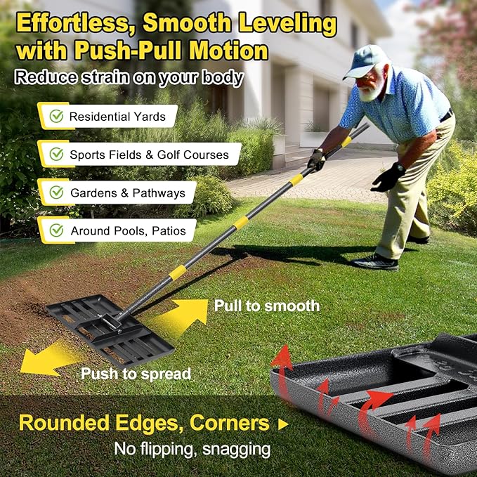 Lawn Leveling Rake: Anti Flipping 17" x 10" Stainless Steel Lawn Ground Leveler for Soil, Heavy Duty Grass Top Soil Dressing Leveling Rake, Home Lawn,Golf Field,Yard Landscaping Tool, 60” Long Handle
