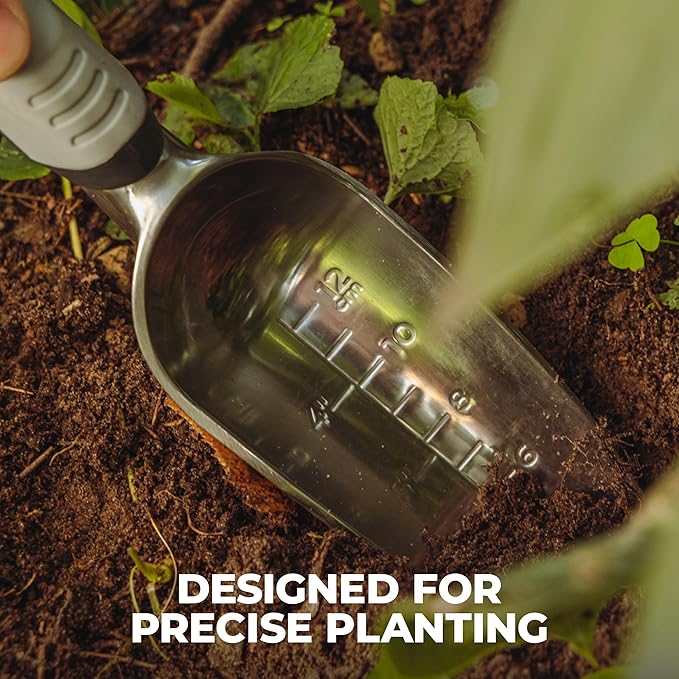 Woodland Tools Heavy Duty Garden Transplanter - Narrow Anodized Aluminum Hand Shovel with Depth Markings and Ergonomic Grip, Planting and Digging Tool for Soil, Flowers, Bulbs, and Raised Beds
