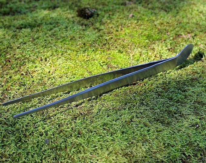 KAKURI Bonsai Tweezers Straight Serrated Tips with Spatula 8.8" - Made in Japan - Professional Bonsai Care Tool - Japanese Stainless Steel