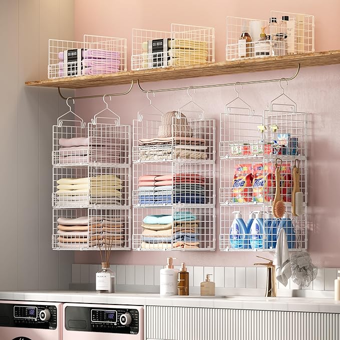 Sonyabecca 3-Tier Hanging Closet Organizer with 5 S Hooks, Closet Shelves for Clothes, Shoes, Handbags, Accessories, Hanging Basket, Closet Storage, Closet System, Closet Organizers and Storage