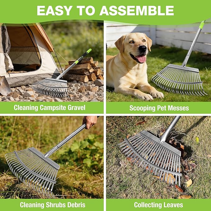 WORKPRO Rakes, Small Leaf Rake with 73” Adjustable Long Handle, Narrow Metal Garden Rake with 25 Steel Tines, Heavy Duty Rust-Resistant Lawn Rakes for Yard, Garden, Shrubs, Flower Beds & Tight Spaces
