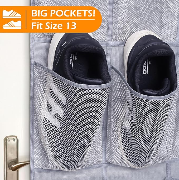 MISSLO 35 Large Pockets Over The Door Shoe Organizer Sturdy Oxford Fabric Hanging Shoe Rack for Door Mesh Closet Shoe Holder Hanger, Grey