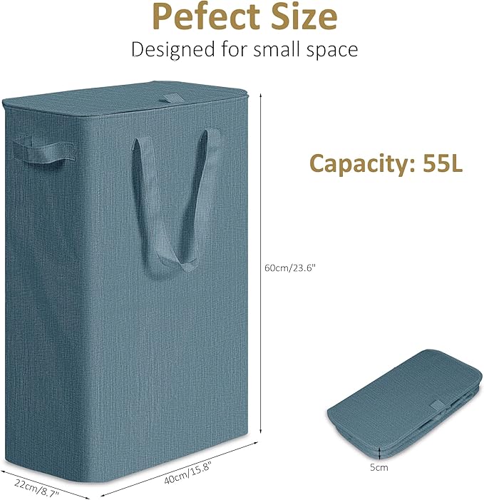 efluky Slim Laundry Basket with Lid, Narrow Laundry Hamper with Handles, Collapsible Dirty Clothes Hamper, Tall Laundry Bin for Laundry Room, Dorm and Bedroom, 55L Denim Blue