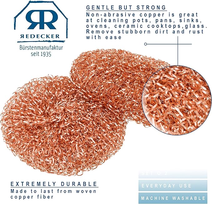 Redecker Copper Thread Pot Scrubber, Woven Copper Scouring Pads, 2 Pack Kitchen Scrubber for Pots Pans Sink Stove Stainless Steel, 3 in Diameter, Made in Netherlands