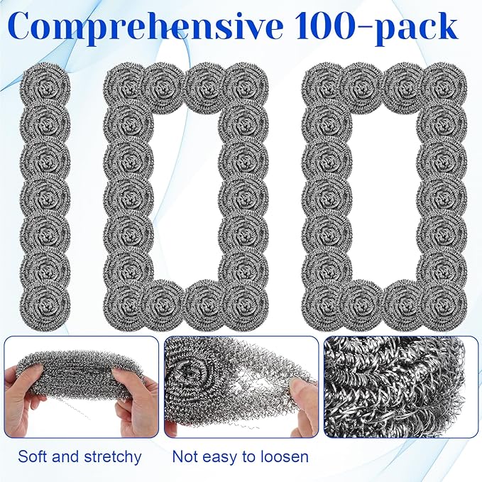 100 Pcs Stainless Steel Scouring Pads Heavy-Duty Metal Sponge Scrubbers for Kitchen & Grill Cleaning, Rust-Resistant Steel Wool for Pots, Pans, Oven 2.5"x1.5"