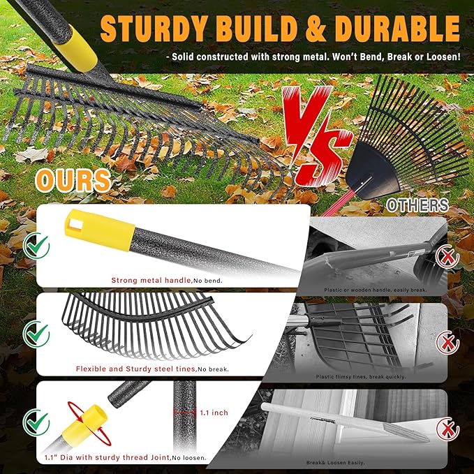 Rake for Leaves - 25 Tines Heavy Duty Metal Rake Set with Leaf Scoops & Collector Bag, Adjustable Rakes for Lawns, 3-in-1 Leaf Collection Tool for Efficient Yard Pine Needle Grass Cleanup 5FT