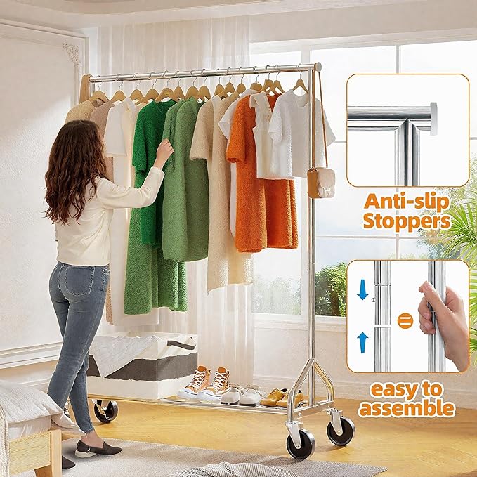 Ekisemio Heavy Duty Rolling Clothes Rack with Wheels and Shelves, 450 lbs Capacity, Portable Garment Rack for Hanging Clothes, Standing Wardrobe for Closet, Bedroom, Commercial Use, Chrome