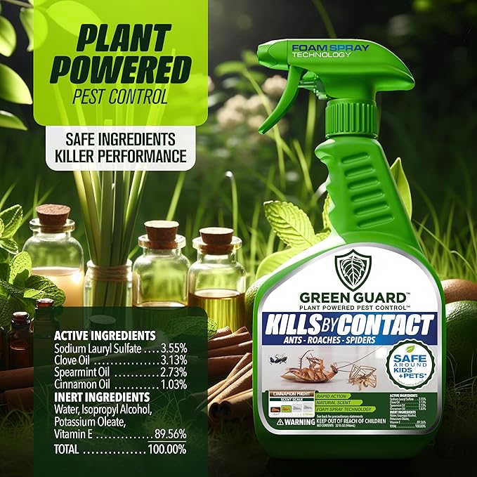 Green Guard Pest Control Spray - Indoor & Outdoor Killer of Ants, Roaches, Spiders & Other Crawling Insects, Safe Around Children & Pets, Plant-Based, Pleasant Scent (Cinnamon Might, 32oz)