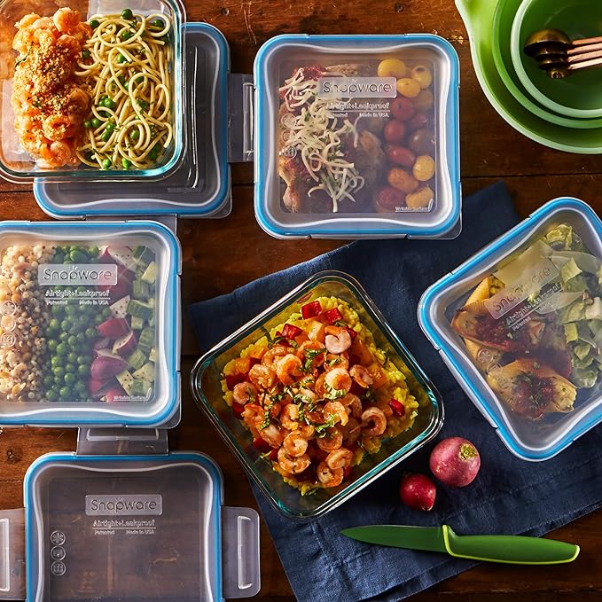 Snapware Glass Total Solutions (5-Pack, 4 Cup) Food Storage Containers Set, Airtight & Leakproof Plastic Locking BPA-Free Lids, Freezer Dishwasher Microwave Safe
