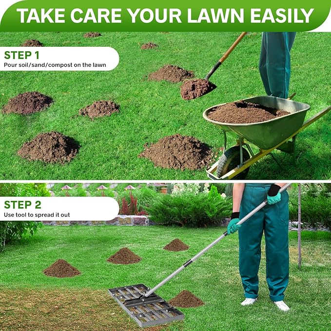 REAPALOT Lawn Leveling Rake, Lawn Leveler with Stainless Steel Long Handle, Heavy Duty Yard Level Tool for Leveling Soil, Sand Or Dirt Surfaces, Gardening Gloves Gift Included (30x10in)