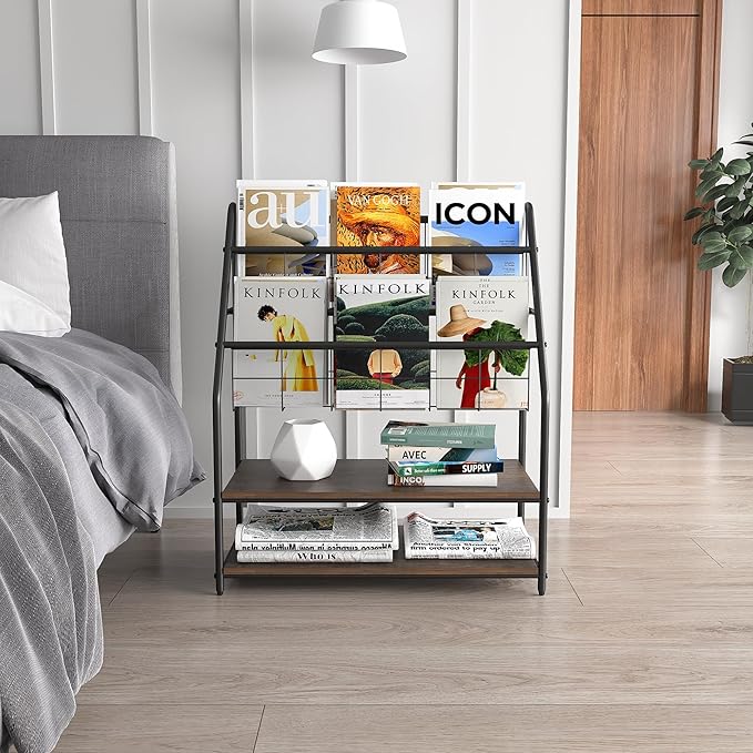 VECELO Magazine Rack FloorStanding,Magazine Display Stand Brochures Newspaper Holders,with 2 Shelves Board for Office,Library,Exhibition Hall,Hospital Indoor&Outdoor,Grey